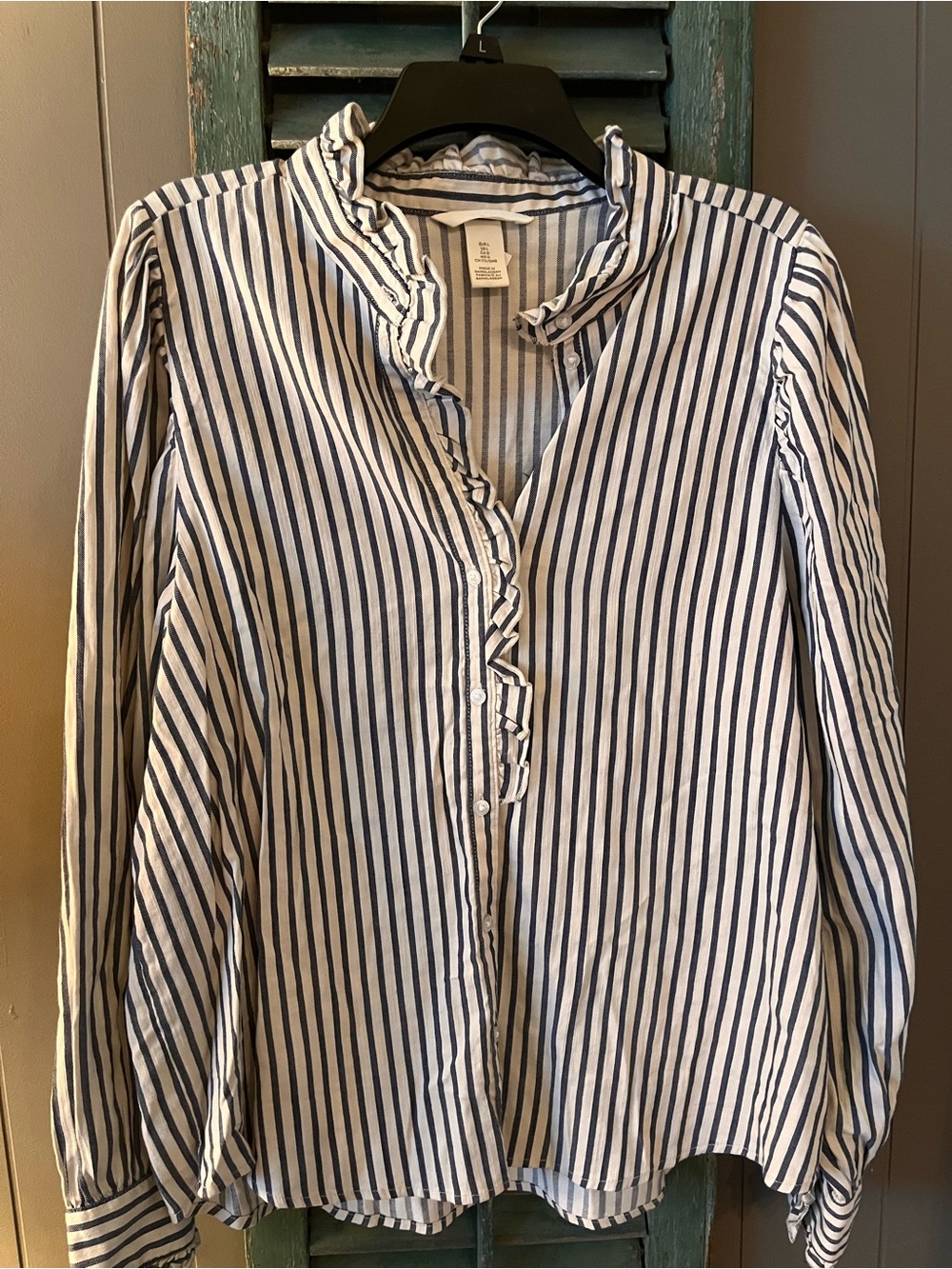H&M White and Navy Blue Vertical Stripe Ruffle Button-Down Shirt